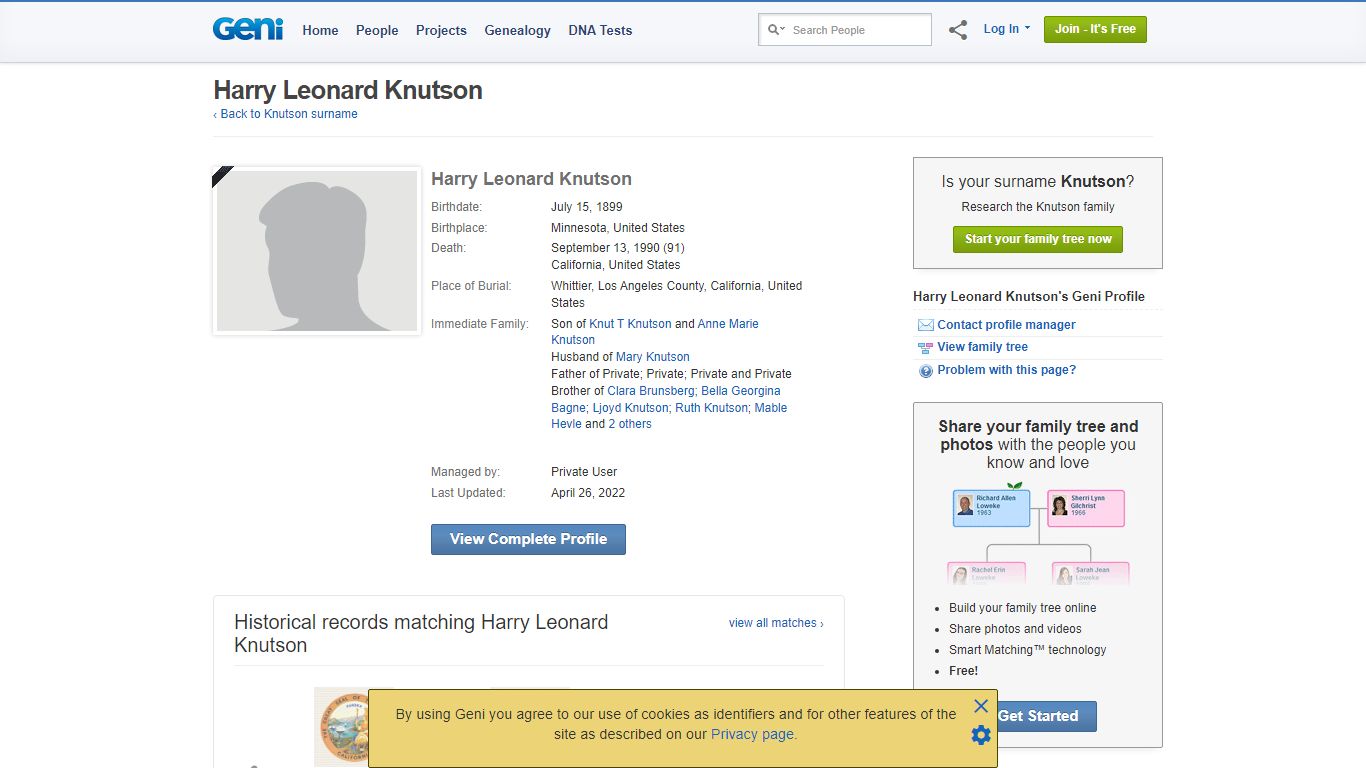 Harry Leonard Knutson (1899 - 1990) - Genealogy
